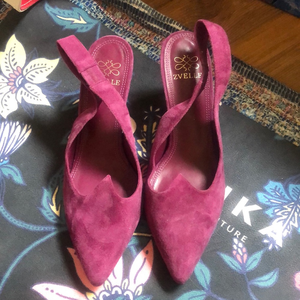 Purple suede sling-back pumps